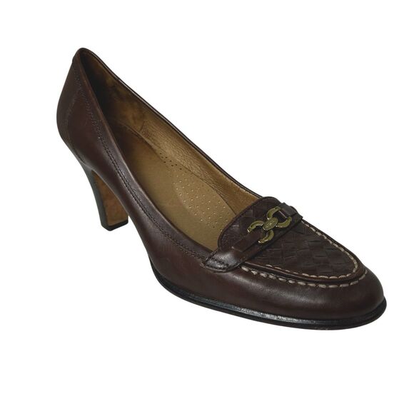 Circa Joan & David Brown Leather Woven Vamp Loafer Style Pumps Size 10M - Picture 2 of 13